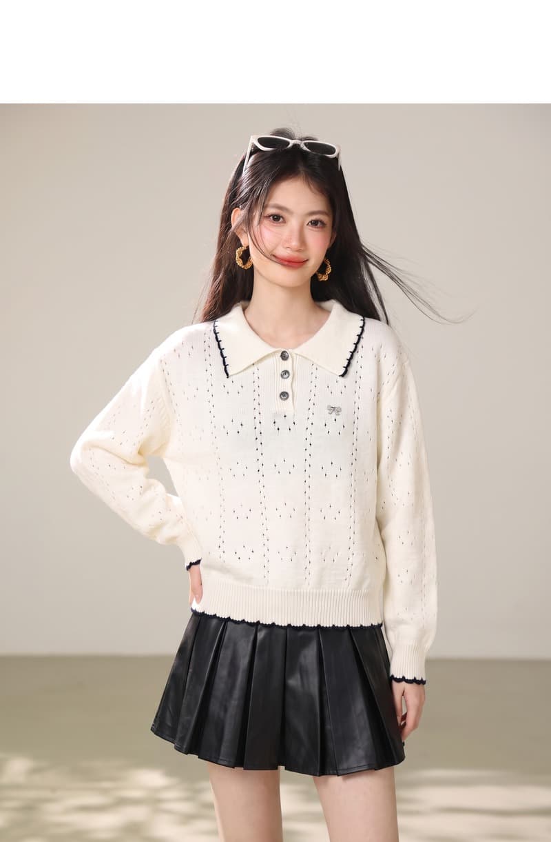 실사 달콤함 나비 매듭 자수 이른 가을 새로운 배색 POLO 칼라 홀로우 아웃 니트 스웨터 부드러운 찹쌀 프로 피부 맨위 상세 이미지 4