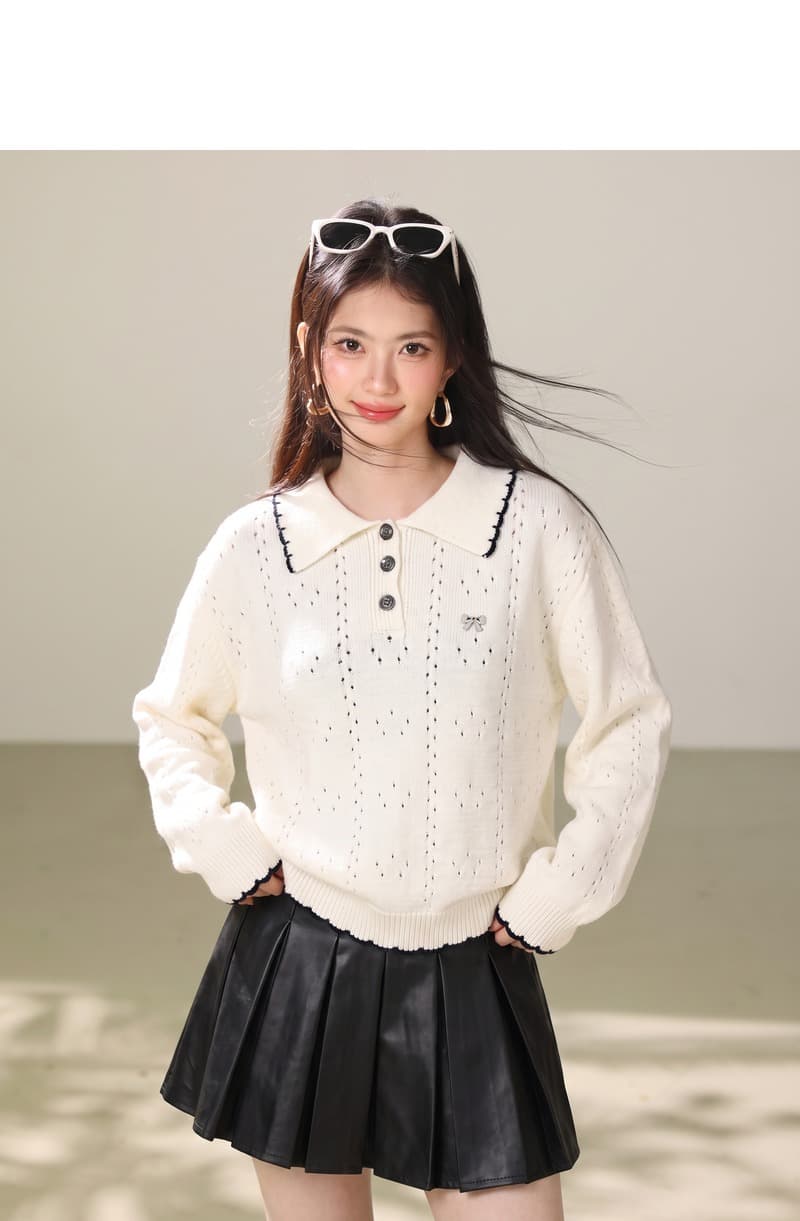 실사 달콤함 나비 매듭 자수 이른 가을 새로운 배색 POLO 칼라 홀로우 아웃 니트 스웨터 부드러운 찹쌀 프로 피부 맨위 상세 이미지 5