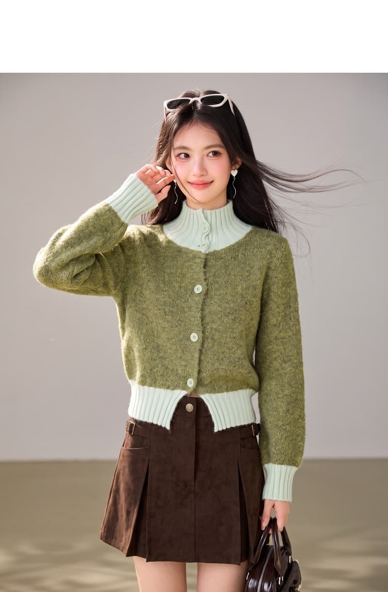 실사 센 부서 소녀 패치워크 색상 스웨터 2026 레트로 배색 스탠드 칼라 단추 쇼트 스타일 니트 카디건 코트 상세 이미지 3