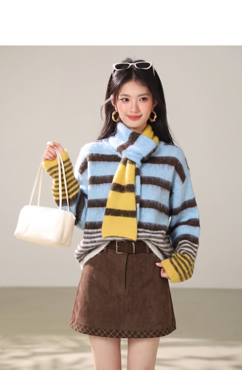 실사 레트로 스트라이프 부드러운 찹쌀 마 하이 스웨터 니트 오픈 가디건 여성 목도리 느긋한 캐주얼 바람 착용 가져 가라. 가을 겨울철 상세 이미지 2