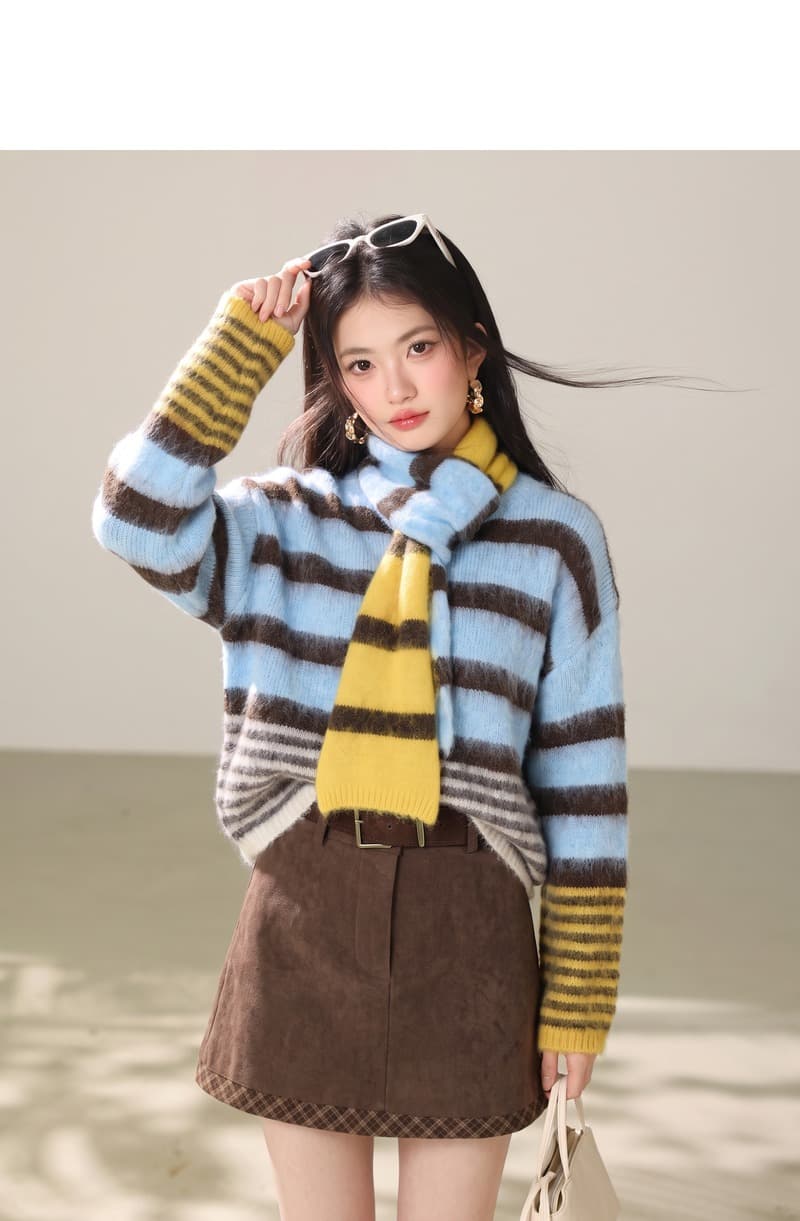 실사 레트로 스트라이프 부드러운 찹쌀 마 하이 스웨터 니트 오픈 가디건 여성 목도리 느긋한 캐주얼 바람 착용 가져 가라. 가을 겨울철 상세 이미지 3