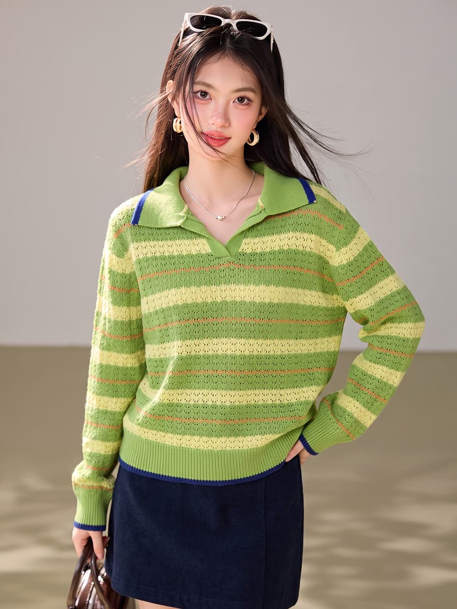 실사 한 부서 녹색 홀로우 아웃 스트라이프 폴로 칼라 풀오버 니트 스웨터 스웨터 여자 인사이드 가져 가라. 수 있습니다. 외출용 맨위 이미지 5