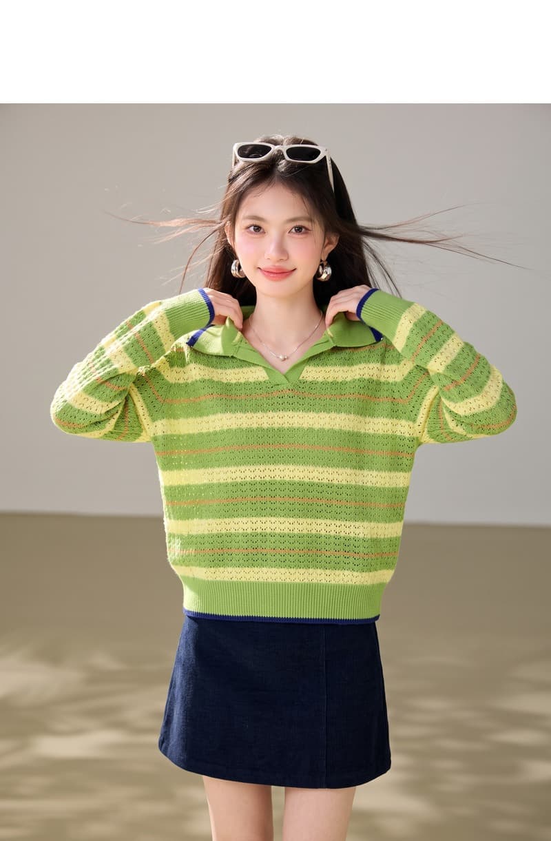 실사 한 부서 녹색 홀로우 아웃 스트라이프 폴로 칼라 풀오버 니트 스웨터 스웨터 여자 인사이드 가져 가라. 수 있습니다. 외출용 맨위 상세 이미지 2