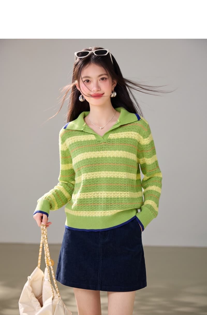 실사 한 부서 녹색 홀로우 아웃 스트라이프 폴로 칼라 풀오버 니트 스웨터 스웨터 여자 인사이드 가져 가라. 수 있습니다. 외출용 맨위 상세 이미지 3