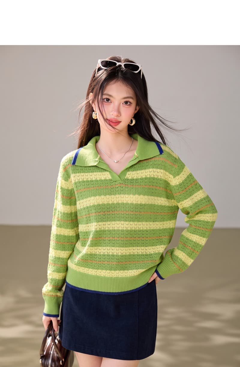 실사 한 부서 녹색 홀로우 아웃 스트라이프 폴로 칼라 풀오버 니트 스웨터 스웨터 여자 인사이드 가져 가라. 수 있습니다. 외출용 맨위 상세 이미지 4