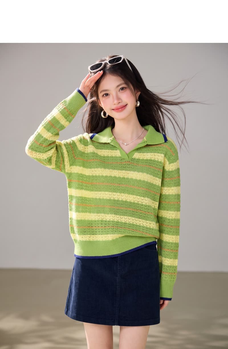 실사 한 부서 녹색 홀로우 아웃 스트라이프 폴로 칼라 풀오버 니트 스웨터 스웨터 여자 인사이드 가져 가라. 수 있습니다. 외출용 맨위 상세 이미지 5