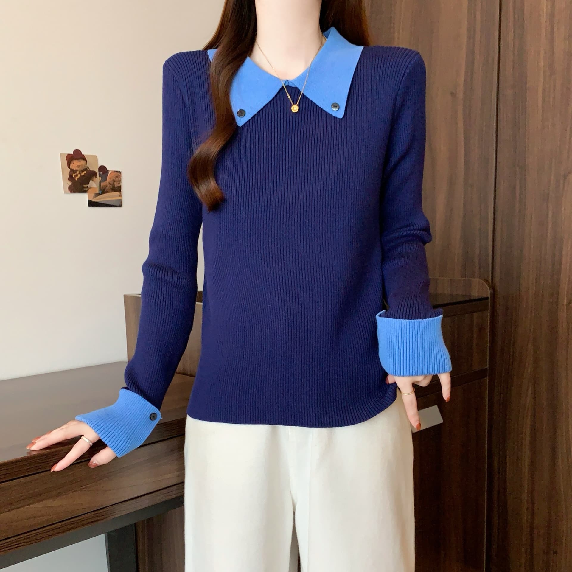실사 빅 사이즈 가을 겨울 polo 폴로 칼라 패치워크 색상 페이크 레이어드 몸매 가꾸기 만나는 인사이드 가져 가라. 긴팔 털 니트 스웨터 맨위 여성 이미지 3