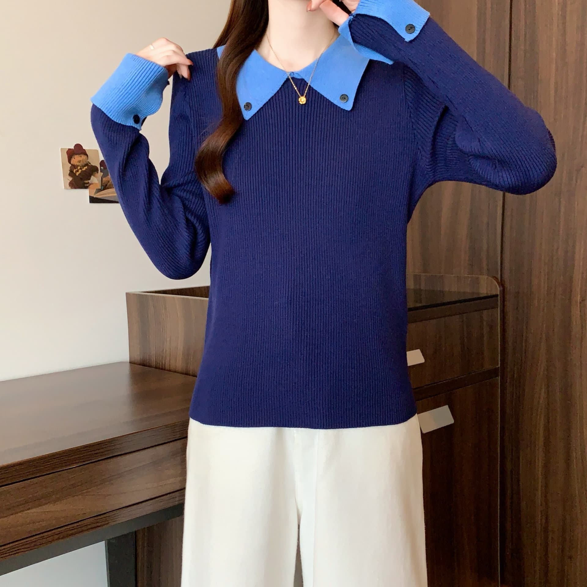 실사 빅 사이즈 가을 겨울 polo 폴로 칼라 패치워크 색상 페이크 레이어드 몸매 가꾸기 만나는 인사이드 가져 가라. 긴팔 털 니트 스웨터 맨위 여성 상세 이미지 2