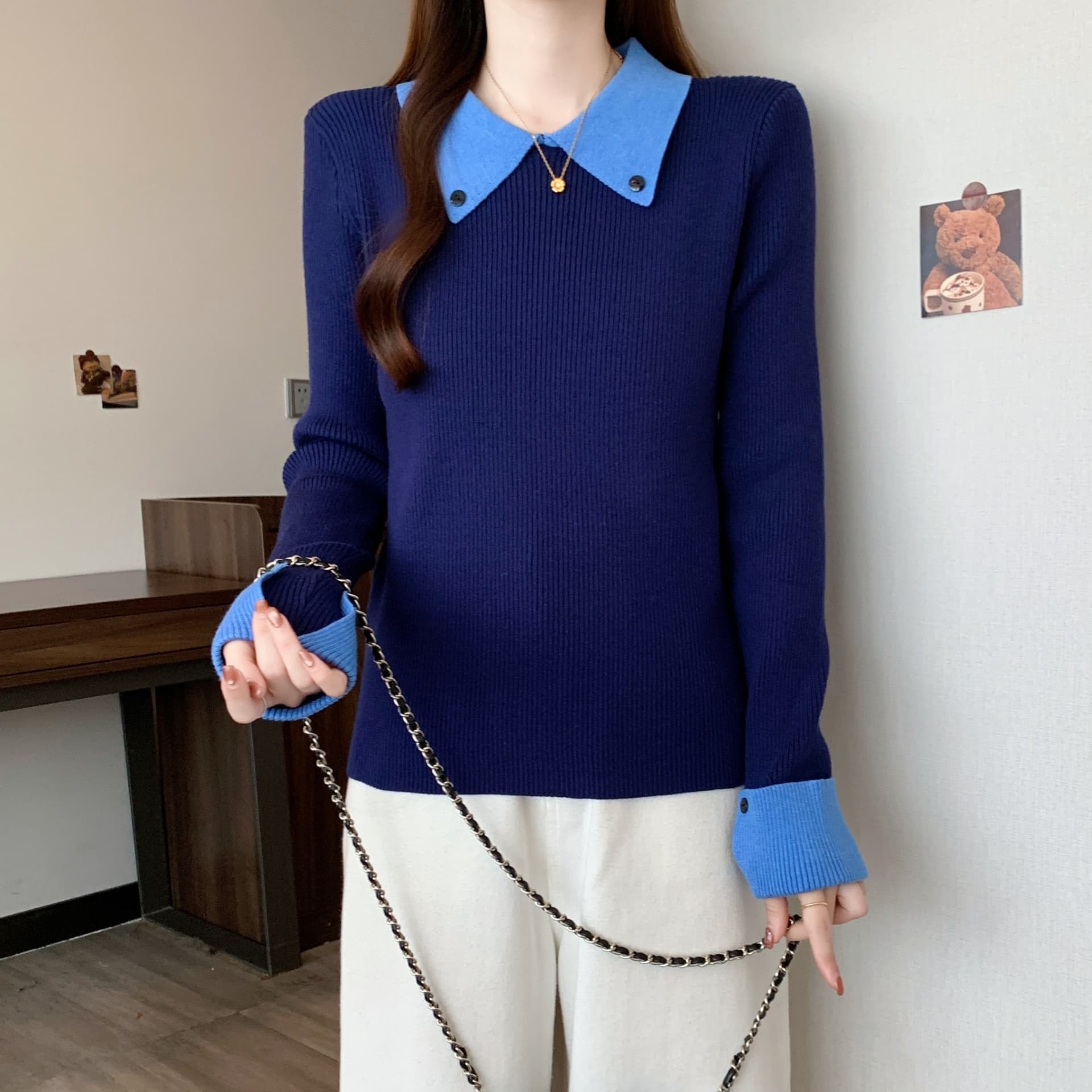 실사 빅 사이즈 가을 겨울 polo 폴로 칼라 패치워크 색상 페이크 레이어드 몸매 가꾸기 만나는 인사이드 가져 가라. 긴팔 털 니트 스웨터 맨위 여성 상세 이미지 3