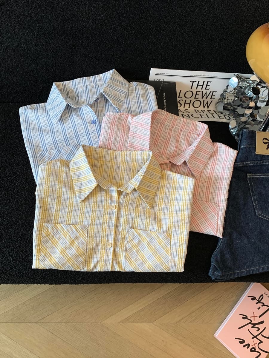 미니멀리즘 펌프 로프 여름 새로운 디자인 센스 작은 대중 체크무늬 POLO 칼라 반팔 여성 셔츠 루즈핏 고급 센스 맨위 상세 이미지 4