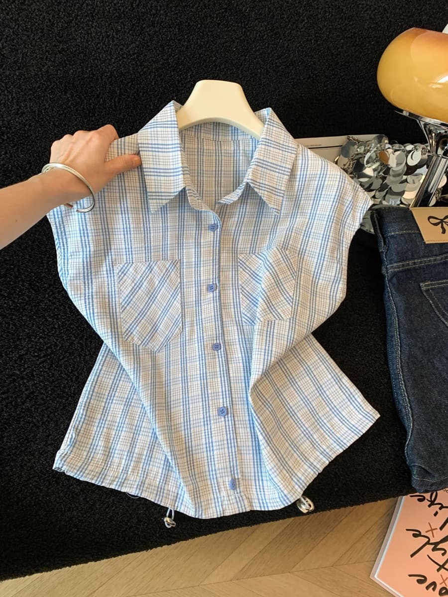 미니멀리즘 펌프 로프 여름 새로운 디자인 센스 작은 대중 체크무늬 POLO 칼라 반팔 여성 셔츠 루즈핏 고급 센스 맨위 상세 이미지 6
