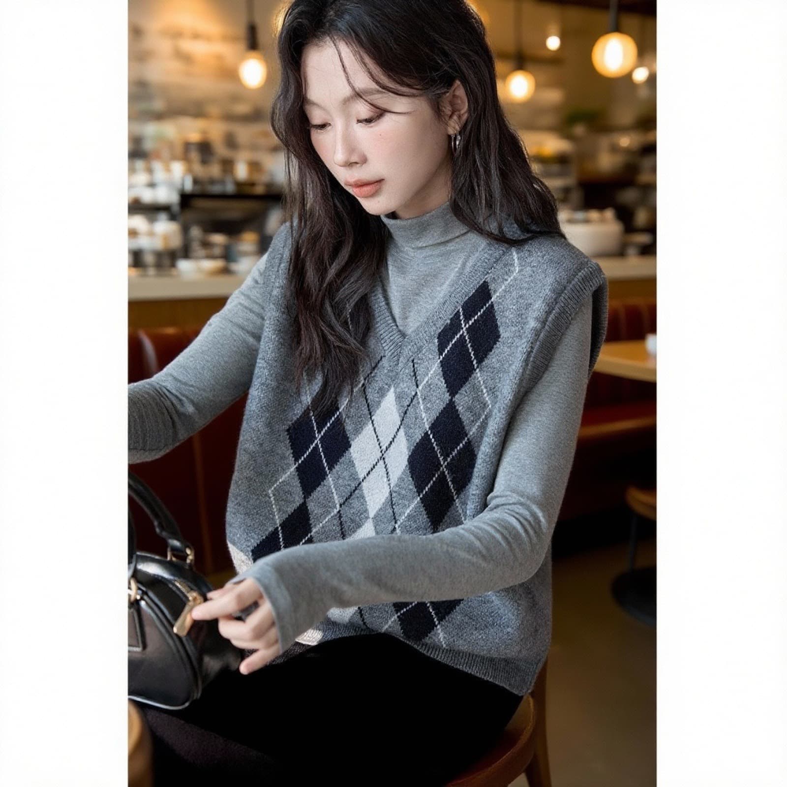빨간색 링 그리드 니트 조끼 여자 겨울 2025 년 새로운 학원 스타일 품격 스택 착용 조끼 이미지 3