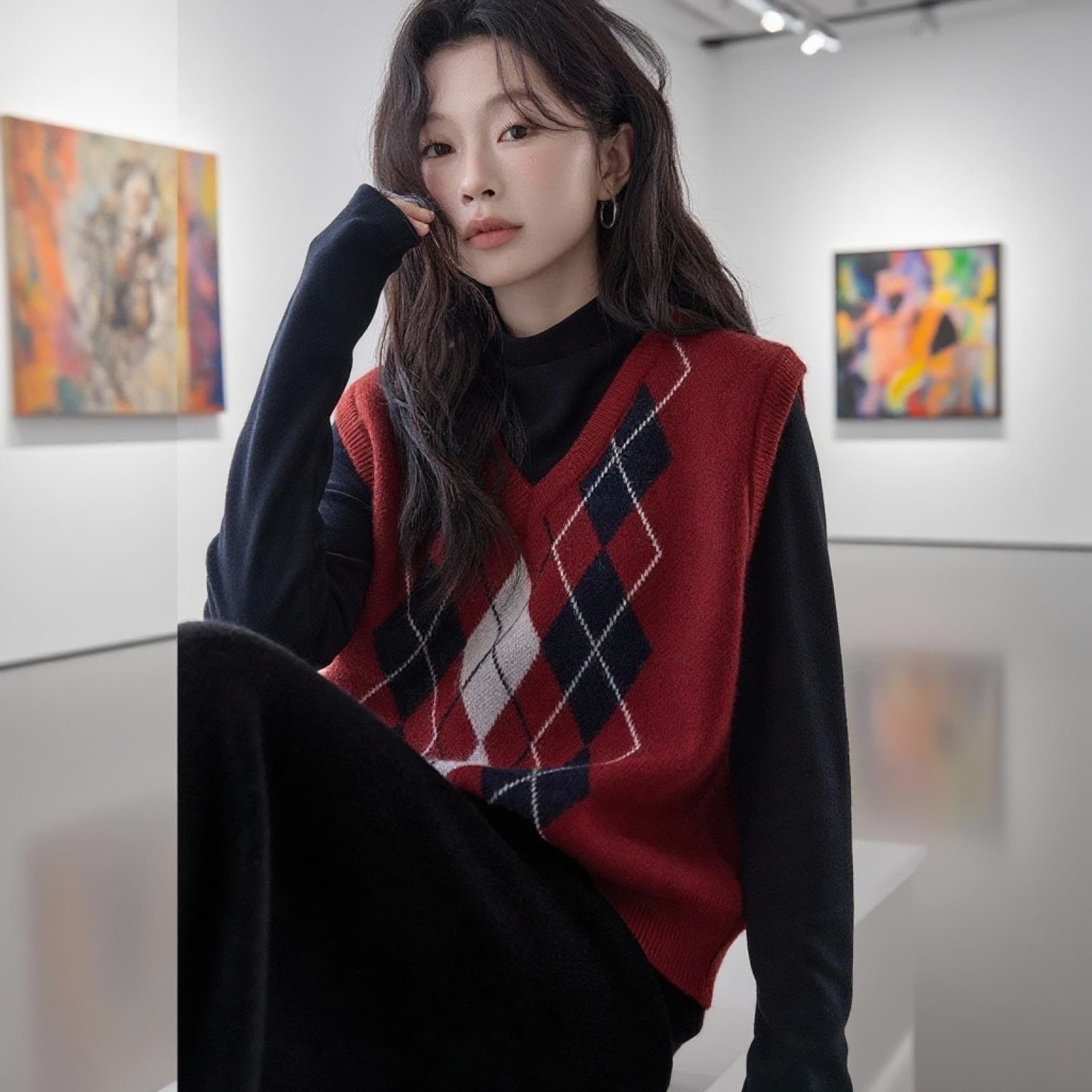 빨간색 링 그리드 니트 조끼 여자 겨울 2025 년 새로운 학원 스타일 품격 스택 착용 조끼 이미지 2