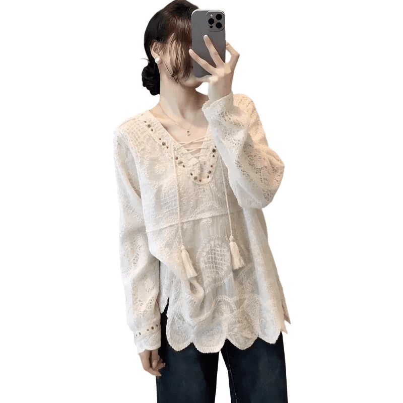 프랑스식 자수 자수 V넥 반팔 블라우스 여성 여름 마이크로 지방 mm 빅 사이즈 외국 가스 다용도 자외선 차단 셔츠 맨위 이미지 5