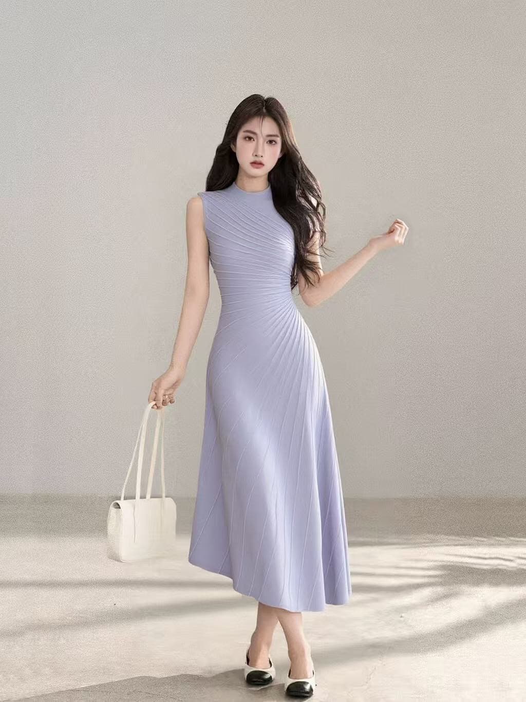 lixiaowan 보라색 니트 여성 드레스 봄 한 부서 품격 치마 몸매 가꾸기 조끼 허리 수축 길다 치마