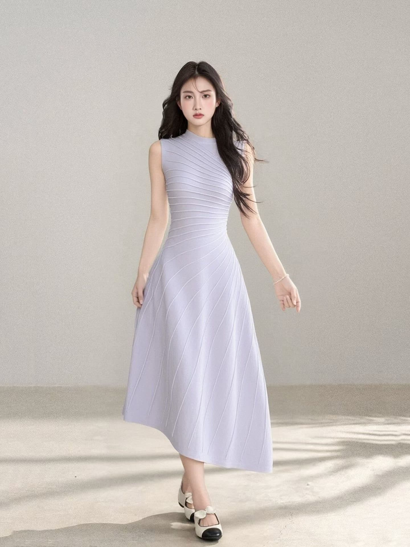 lixiaowan 보라색 니트 여성 드레스 봄 한 부서 품격 치마 몸매 가꾸기 조끼 허리 수축 길다 치마 상세 이미지 6