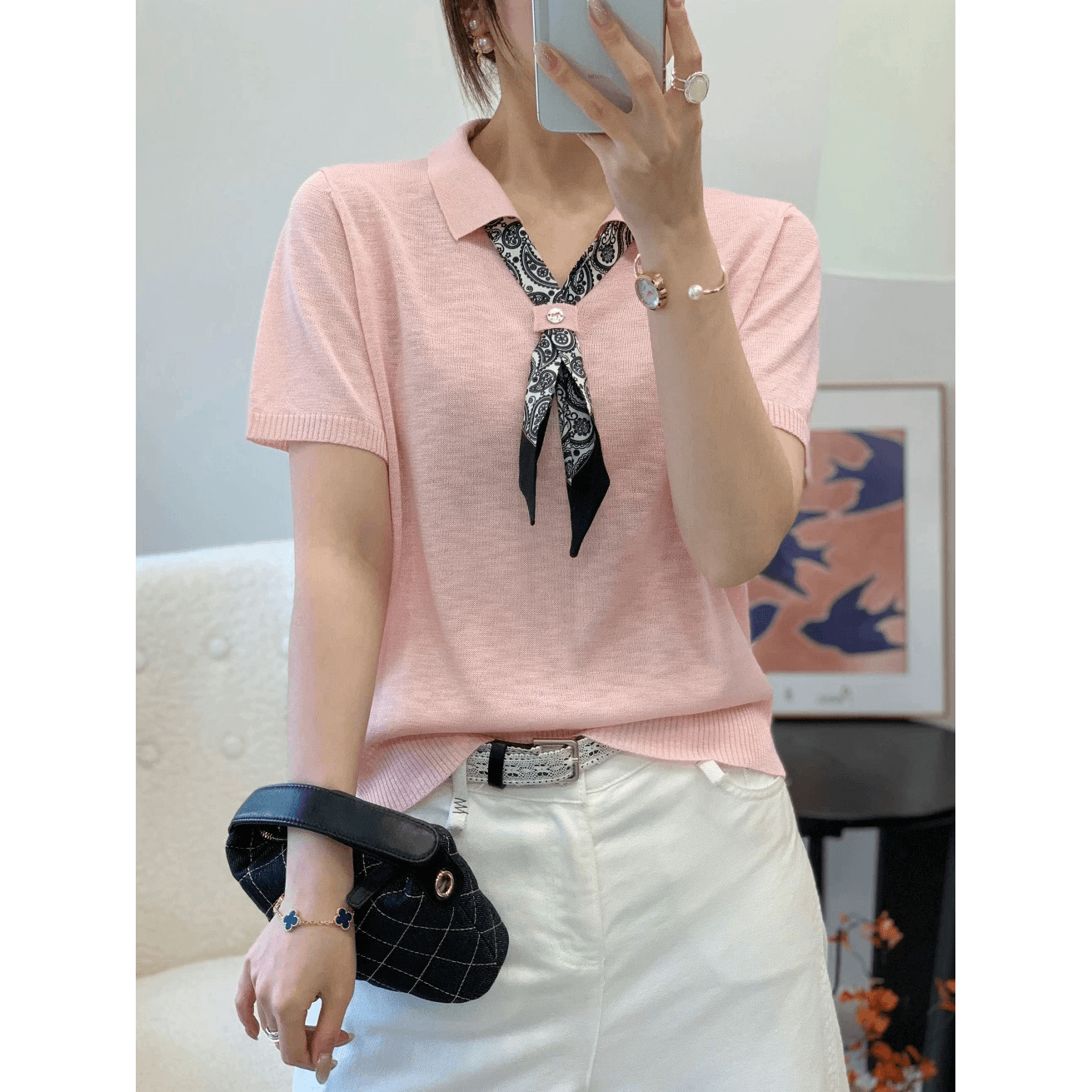 도파민 작은 대중 디자인 센스 스카프 polo 폴로 칼라 대나무 마디 마 반팔 니트 스웨터 여성 26 여름 얼음 실크 맨위 이미지 5