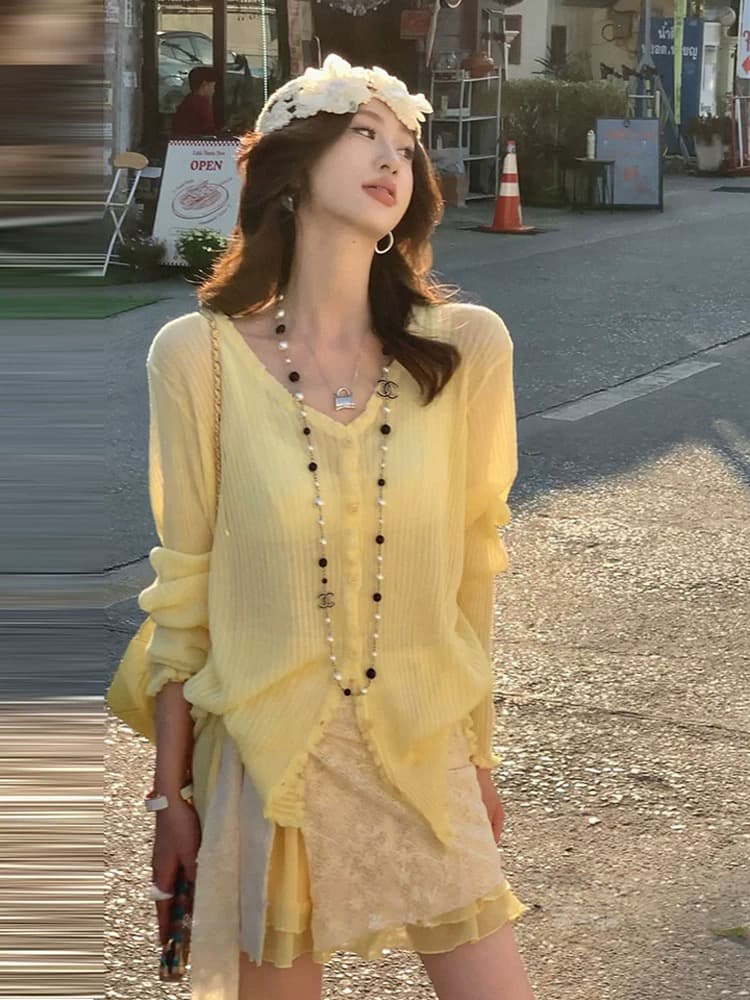 잉 어린이 맞춤 블루스 매너 패션 다용도 레이스 니트 오픈 가디건 여성 여름 단색 외부 가져 가라. 블라우스 맨위