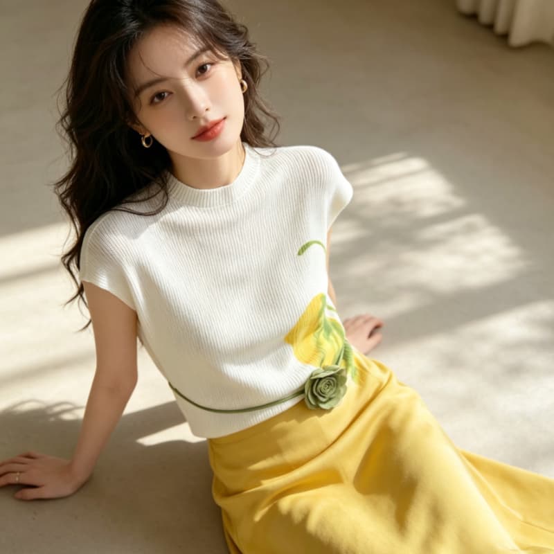 프랑스식 장미 레이스업 프린트 얼음 실크 니트 반팔 여성 여름 새로운 품격 슬림해 보이는 작은 대중 디자인 센스