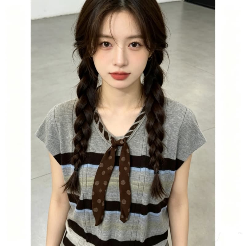 2026 새로운 한 부서 스트라이프 V넥 리본 민소매 니트 조끼 여성 여름 패션 외국 가스 다용도 맨위 트렌디 이미지 2