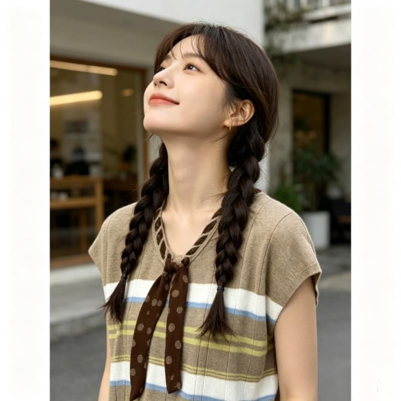 2026 새로운 한 부서 스트라이프 V넥 리본 민소매 니트 조끼 여성 여름 패션 외국 가스 다용도 맨위 트렌디 상세 이미지 3