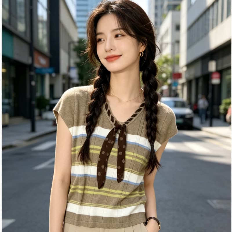 2026 새로운 한 부서 스트라이프 V넥 리본 민소매 니트 조끼 여성 여름 패션 외국 가스 다용도 맨위 트렌디 상세 이미지 12