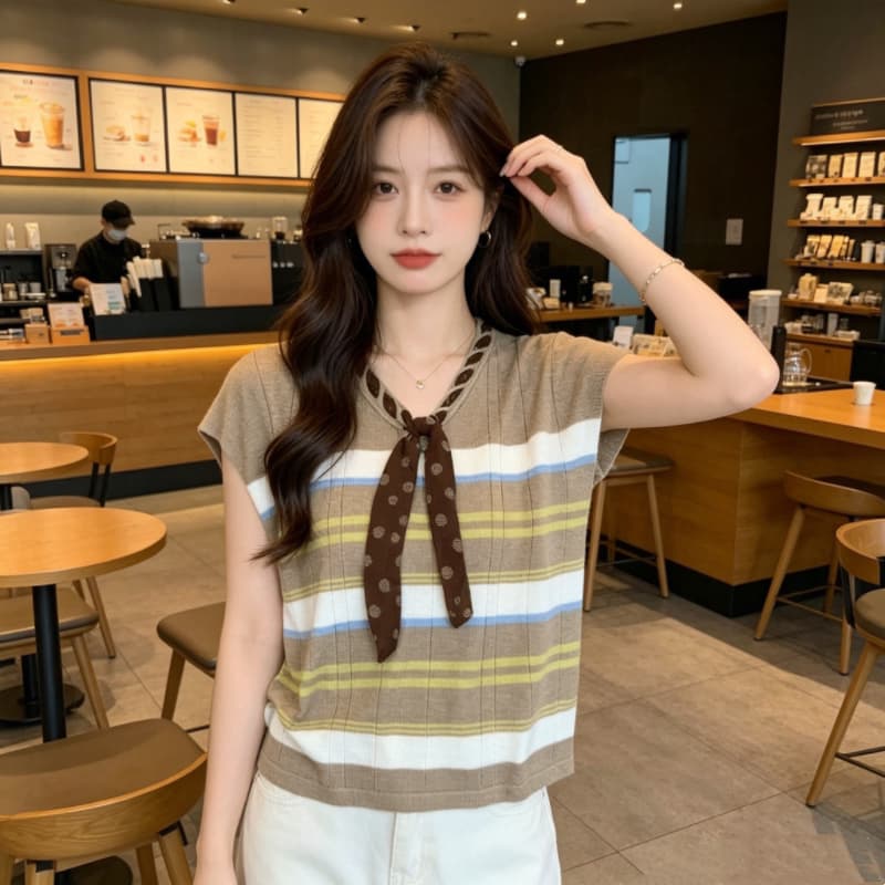 2026 새로운 한 부서 스트라이프 V넥 리본 민소매 니트 조끼 여성 여름 패션 외국 가스 다용도 맨위 트렌디 상세 이미지 2