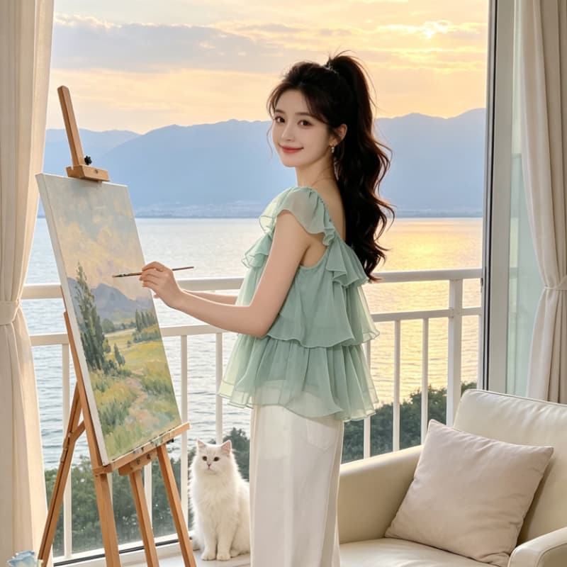 순수한 욕망 품격 광장 칼라 레이스 프릴 시폰 셔츠 여성 루즈핏 표지 고기 디자인 센스 작은 대중 아름다운 Chic 맨위 상세 이미지 6
