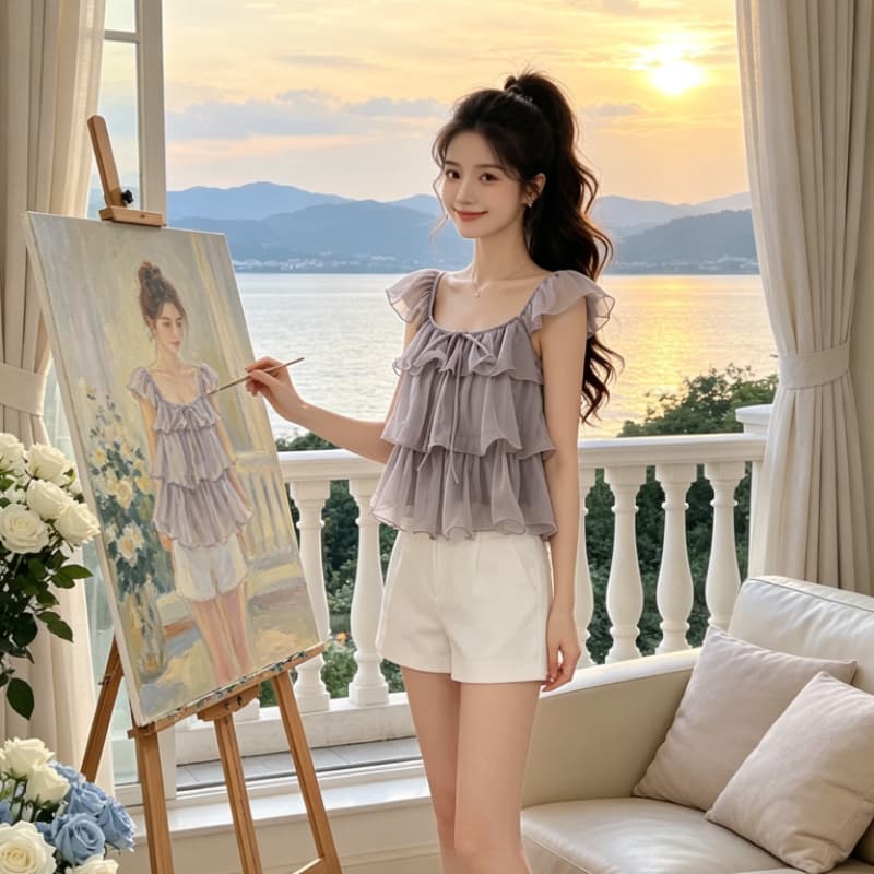 순수한 욕망 품격 광장 칼라 레이스 프릴 시폰 셔츠 여성 루즈핏 표지 고기 디자인 센스 작은 대중 아름다운 Chic 맨위 상세 이미지 7