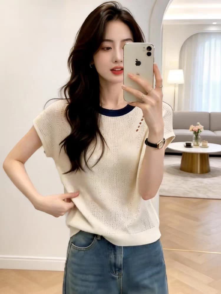 홀로우 아웃 얼음 실크 니트 반팔 티셔츠 여성 여름 한 부서 디자인 센스 고유 한 아름다운 캐주얼 다용도 얇은 스타일 맨위