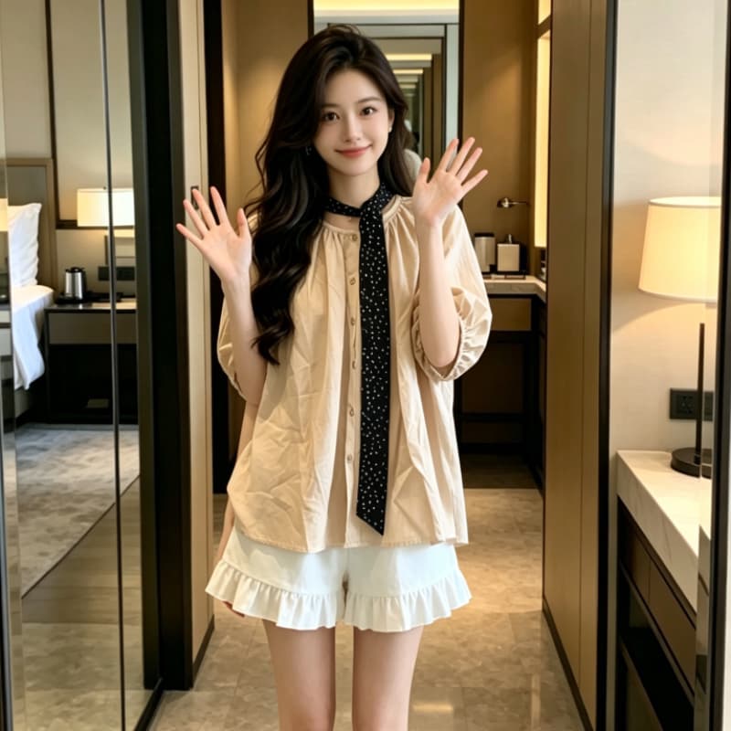 도트 무늬 리본 거품 소매 면 린넨 여성 셔츠 프랑스식 부드러운 바람 루즈핏 표지 고기 맨위 상세 이미지 5