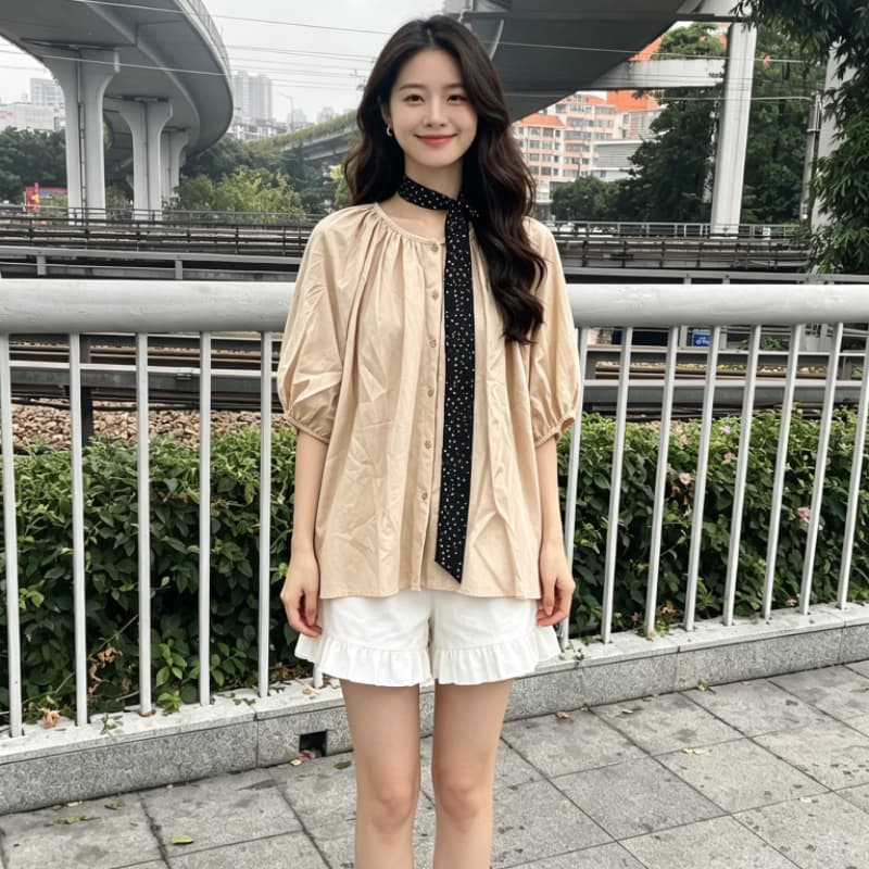 도트 무늬 리본 거품 소매 면 린넨 여성 셔츠 프랑스식 부드러운 바람 루즈핏 표지 고기 맨위 상세 이미지 6