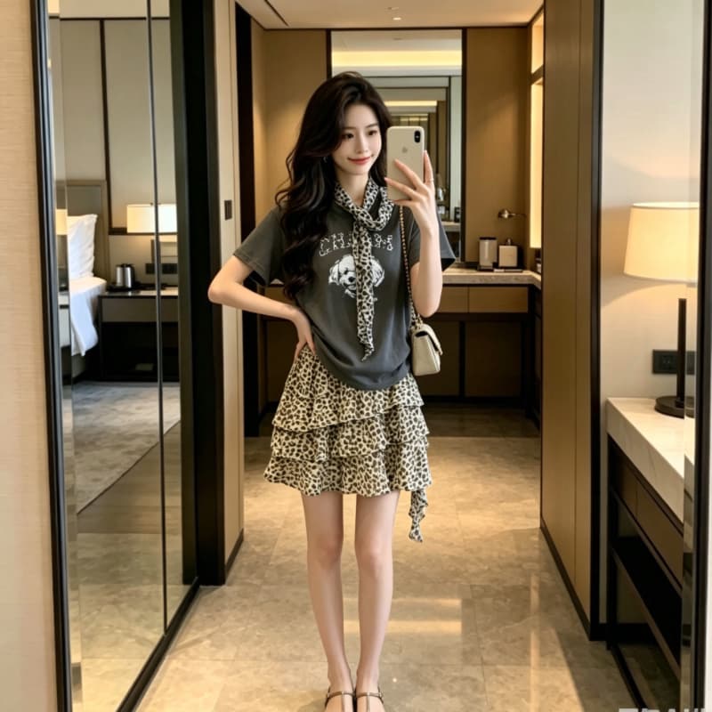 여름 강아지 프린트 반팔 레오파드 무늬 케이크 미니 스커트 세트 벨트 스카프 슬림해 보이는 다용도 투피스 세트 상세 이미지 12