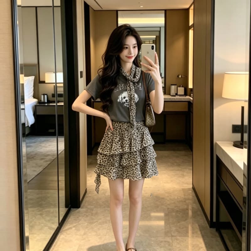 여름 강아지 프린트 반팔 레오파드 무늬 케이크 미니 스커트 세트 벨트 스카프 슬림해 보이는 다용도 투피스 세트 상세 이미지 13