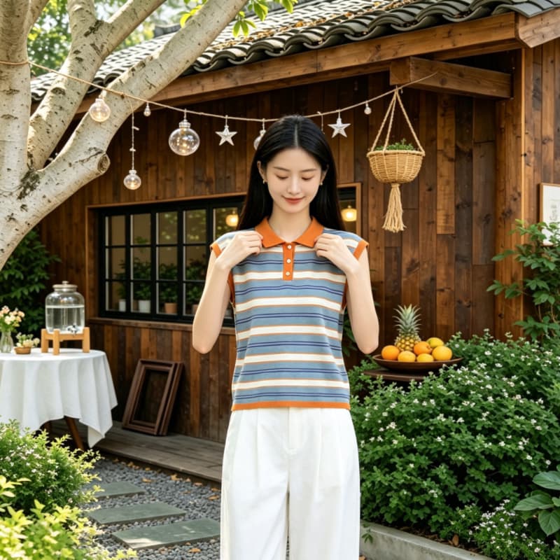 실사 대나무 마디 마 POLO 칼라 배색 스트라이프 니트 반팔 맨위 여성 2026 여름 새로운 패션 맨위 상세 이미지 4