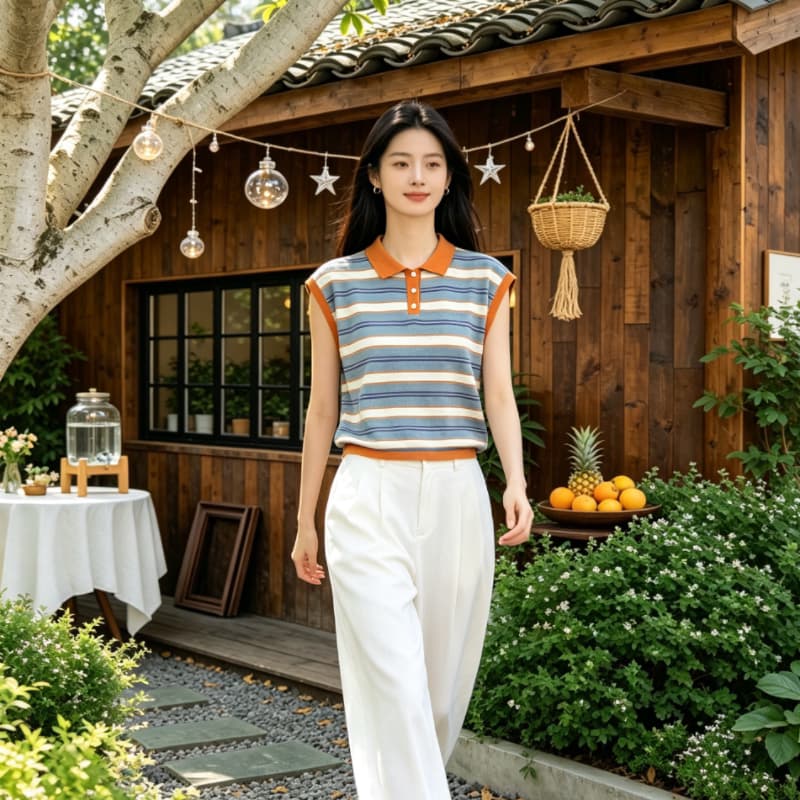 실사 대나무 마디 마 POLO 칼라 배색 스트라이프 니트 반팔 맨위 여성 2026 여름 새로운 패션 맨위 상세 이미지 6