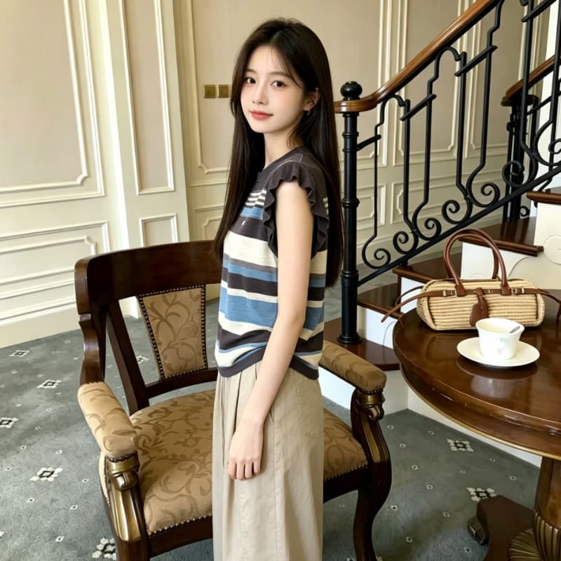 여름 새로운 하트 자수 민소매 니트 조끼 여성 한 부서 루즈핏 다용도 레이스 Feifei 소매 티셔츠 여성 얇은 상세 이미지 2