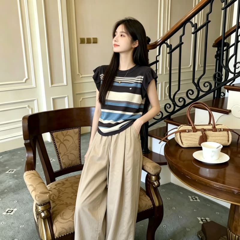 여름 새로운 하트 자수 민소매 니트 조끼 여성 한 부서 루즈핏 다용도 레이스 Feifei 소매 티셔츠 여성 얇은 상세 이미지 5
