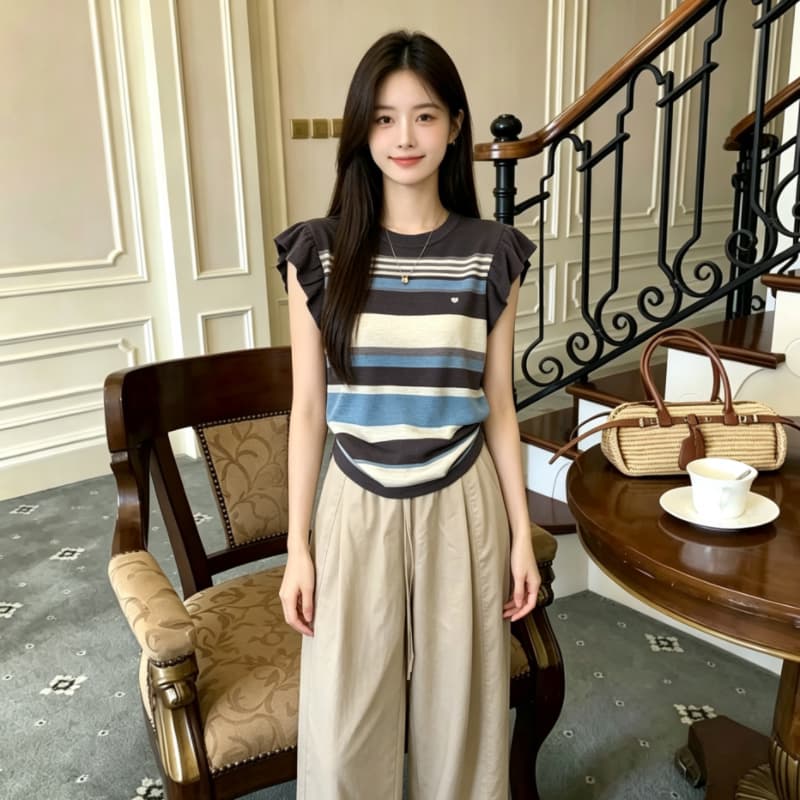 여름 새로운 하트 자수 민소매 니트 조끼 여성 한 부서 루즈핏 다용도 레이스 Feifei 소매 티셔츠 여성 얇은 상세 이미지 8