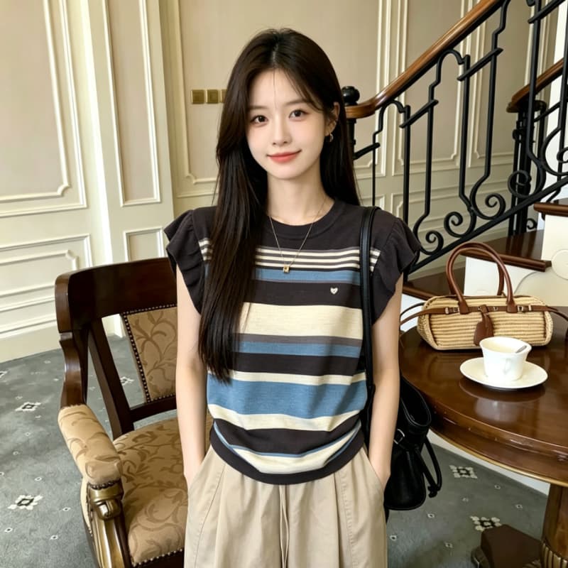 여름 새로운 하트 자수 민소매 니트 조끼 여성 한 부서 루즈핏 다용도 레이스 Feifei 소매 티셔츠 여성 얇은 상세 이미지 9