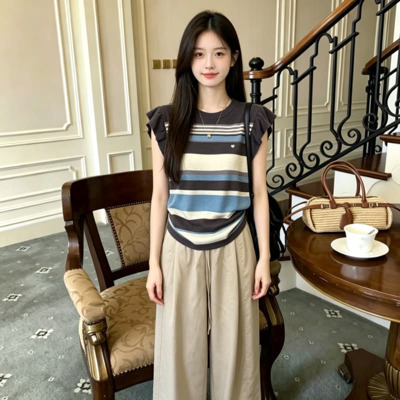 여름 새로운 하트 자수 민소매 니트 조끼 여성 한 부서 루즈핏 다용도 레이스 Feifei 소매 티셔츠 여성 얇은 상세 이미지 13