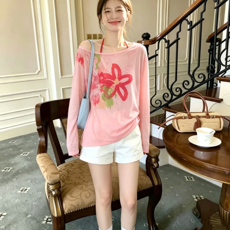 실사 꽃 얇은 스타일 자외선 차단 블라우스 여성 여름 순수한 욕망 핫걸 비스듬한 어깨 의류 행침 목 캐미솔 투피스 세트 이미지 2