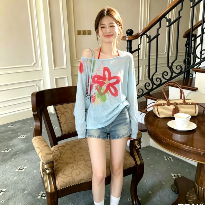 실사 꽃 얇은 스타일 자외선 차단 블라우스 여성 여름 순수한 욕망 핫걸 비스듬한 어깨 의류 행침 목 캐미솔 투피스 세트 상세 이미지 2