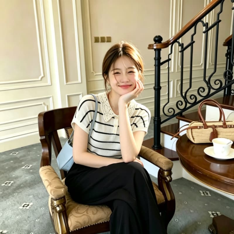 한 부서 배색 스트라이프 레이스 홀로우 아웃 Feifei 소매 짠 셔츠 여성 디자인 센스 2026 여름 다용도 출퇴근 맨위 상세 이미지 3