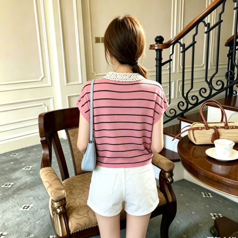 한 부서 배색 스트라이프 레이스 홀로우 아웃 Feifei 소매 짠 셔츠 여성 디자인 센스 2026 여름 다용도 출퇴근 맨위 상세 이미지 5
