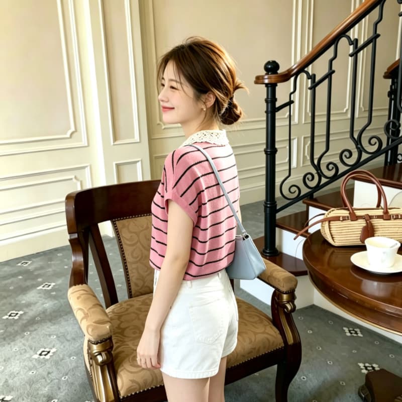 한 부서 배색 스트라이프 레이스 홀로우 아웃 Feifei 소매 짠 셔츠 여성 디자인 센스 2026 여름 다용도 출퇴근 맨위 상세 이미지 6