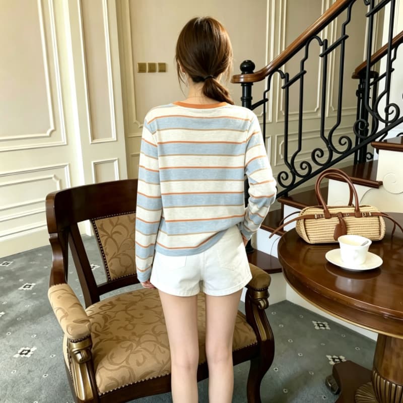 실사 배색 라운드 넥 스트라이프 긴팔 자외선 차단 니트 스웨터 여름 알파벳 프린트 다용도 얇은 스타일 루즈핏 맨위 이미지 4