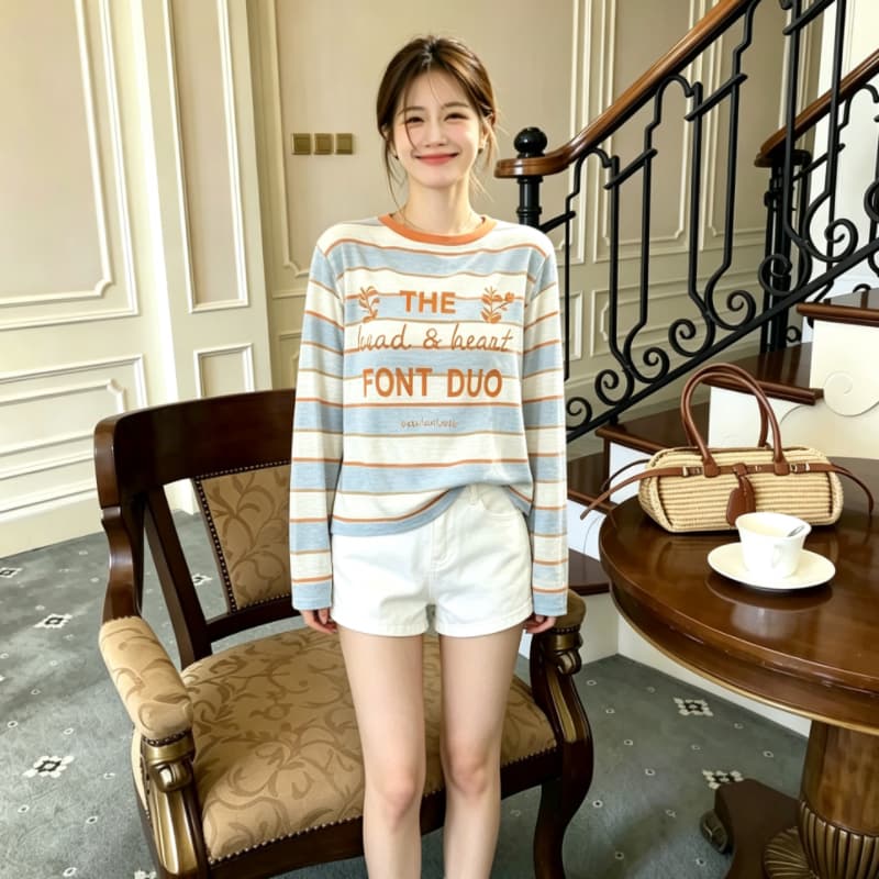 실사 배색 라운드 넥 스트라이프 긴팔 자외선 차단 니트 스웨터 여름 알파벳 프린트 다용도 얇은 스타일 루즈핏 맨위 상세 이미지 6