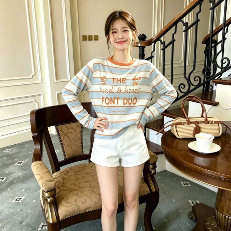 실사 배색 라운드 넥 스트라이프 긴팔 자외선 차단 니트 스웨터 여름 알파벳 프린트 다용도 얇은 스타일 루즈핏 맨위 상세 이미지 9