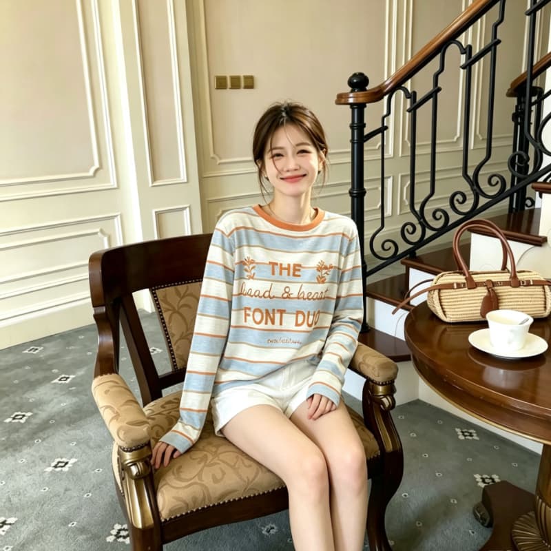 실사 배색 라운드 넥 스트라이프 긴팔 자외선 차단 니트 스웨터 여름 알파벳 프린트 다용도 얇은 스타일 루즈핏 맨위 상세 이미지 10